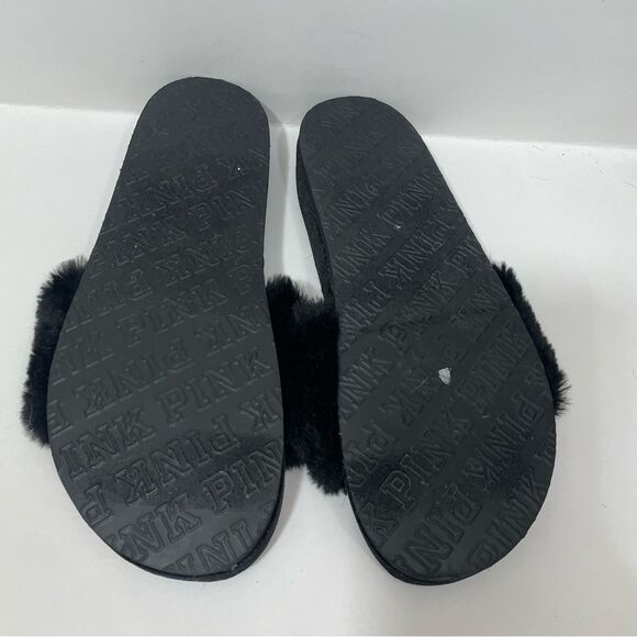 NWOT Victoria’s Secret PINK Black Fuzzy Slide On Sandals - Picture 3 of 3